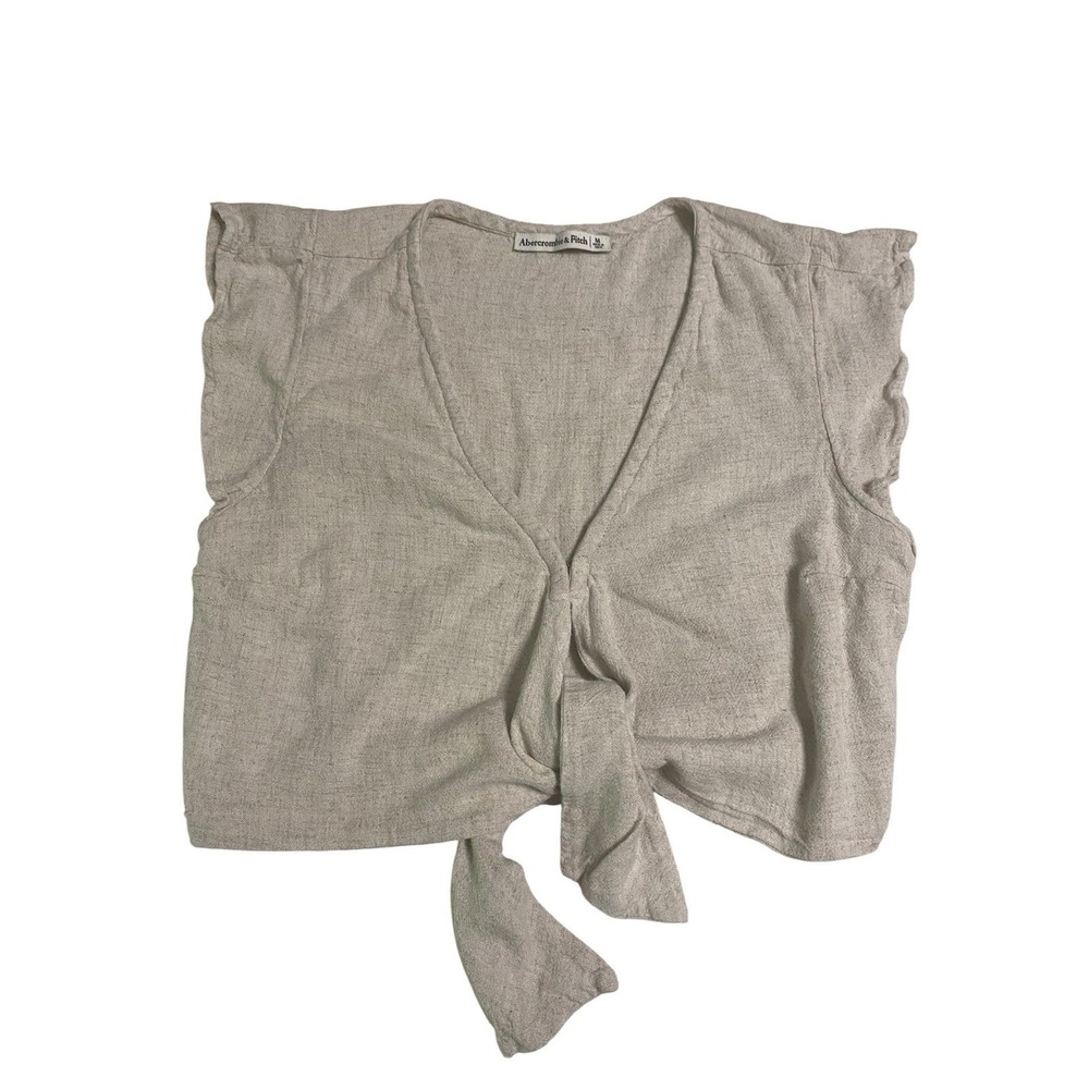 Abercrombie & Fitch Linen Blend Tie Front Crop Top Flutter Ruffle Sleeve Beige M
